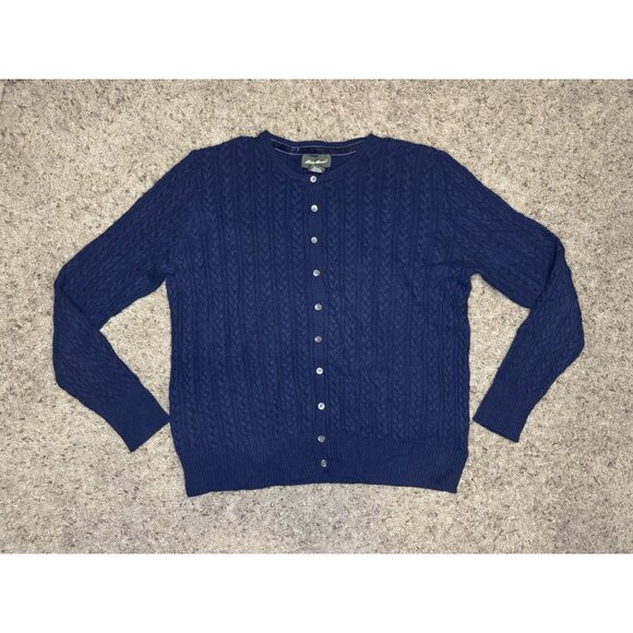 VTG EDDIE BAUER Navy Cashmere Angora Blend Cable Knit Sweater Cardigan Preppy XL - Picture 1 of 6